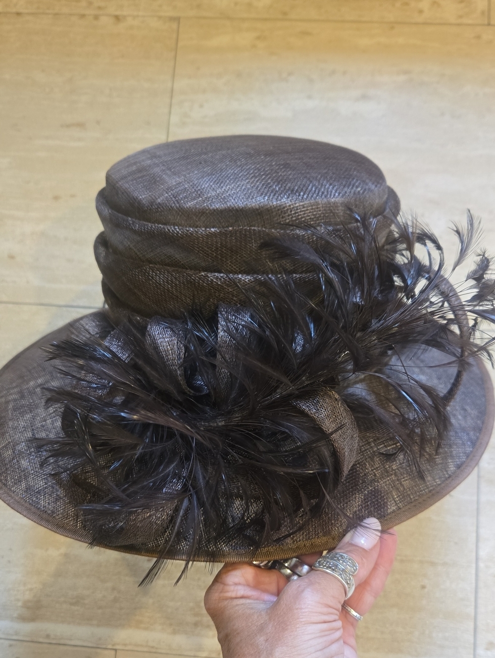 Nigel Rayment Milliner Brown Feather Accent Derby Hat